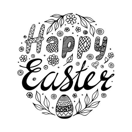 Easter doodles. vector illustration. Can be used for postcard, label, ticket. Coloring book page for adults, children and kids.のイラスト素材