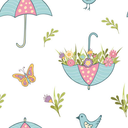 Seamless pattern with blue umbrella and flowers isolated on a white background. vector illustration. Can be used for fabric, wrapping paper or decorating spring things.のイラスト素材