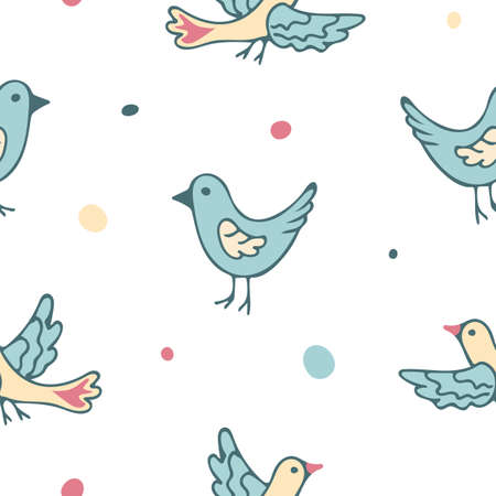 Seamless pattern with cute blue birds isolated on white background. vector illustration. Can be used for fabric, wrapping paper or decoration of kids things.のイラスト素材