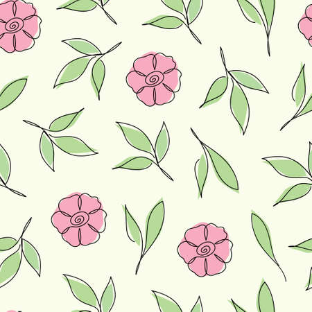 Seamless pattern painting with line art, flowers and leaves. vector illustration. Can be used for fabric, wallpaper, wrapping paper, cover and postcard.のイラスト素材