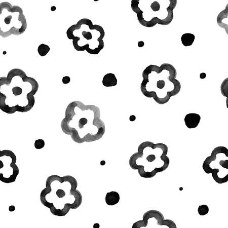 Seamless pattern with black abstract dots and flowers. Watercolor hand-drawn blots on white background. Vector. Good for fabric, wallpaper, wrapping paper, covers and cards.のイラスト素材