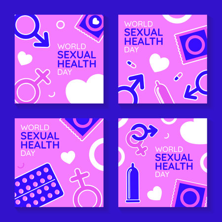 Set of World sexual health day template for social media post. Vector illustration with Male and Female gender sex symbols, contraceptive, condom.のイラスト素材