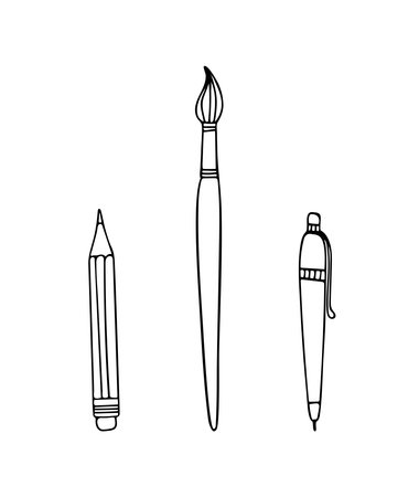 Doodle set of office stationery. Hand drawn vector illustration of pen, pencil, and brush isolated on white background.のイラスト素材