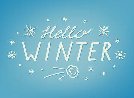 Greeting quote Hello Winter on light blue background. Vector illustration with lettering for calendar, postcard, label and other winter decor.のイラスト素材
