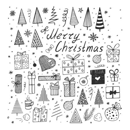 Set of Christmas design element in doodle style. Vector hand drawn illustration Isolated on white background. Sketch of Christmas trees and gift boxes.のイラスト素材