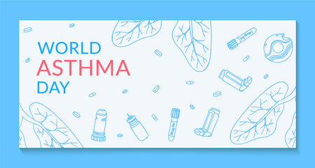 World Asthma Day banner template. Vector illustration of inhalers, medicine and lungs on white background. Bronchial asthma awareness sign.のイラスト素材