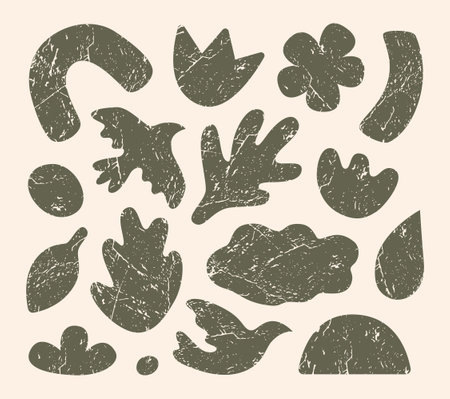 Set of various abstract organic shapes with grunge texture. Contemporary design element for prints, flyers, banners, card, covers and collage composition.のイラスト素材