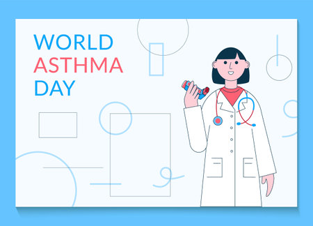 World Asthma Day banner template. Vector illustration of female doctor with inhalers on white background. Bronchial asthma awareness sign.のイラスト素材