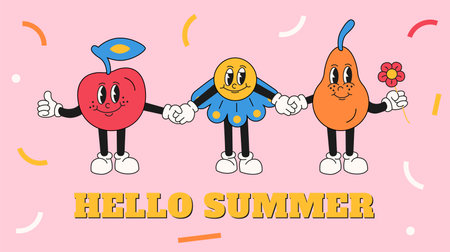 Hello Summer fruit in retro cartoon style.のイラスト素材