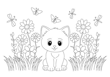 Coloring page with adorable kitty in flowers.のイラスト素材
