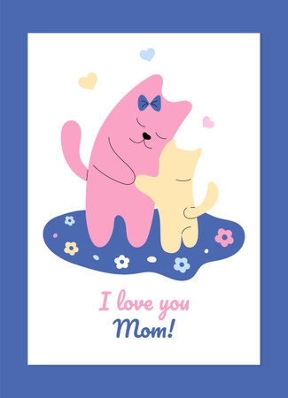 Mothers Day greeting card with mom cat and kitten.のイラスト素材