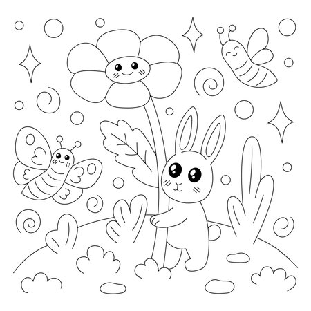 Cute and funny coloring page of a rabbit holding a big flowerのイラスト素材