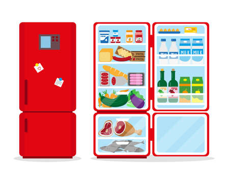 Closed and opened refrigerator full of food. Vector illustation.のイラスト素材
