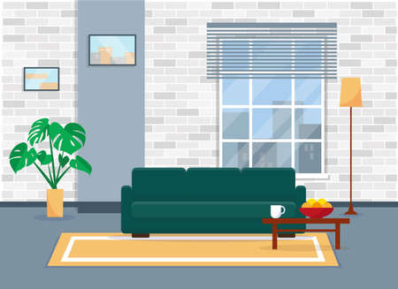 Living room in modern style. Apartments with window and furniture . Flat vector interior design illustration.のイラスト素材