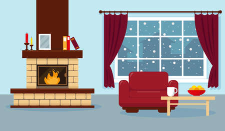 Living room with window, fireplace and furniture. Cozy interior in winter. Vector design illustration.のイラスト素材