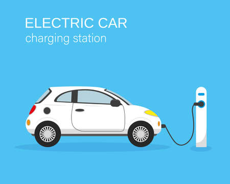 Electric car and charging station on blue background. Vector illustration.のイラスト素材