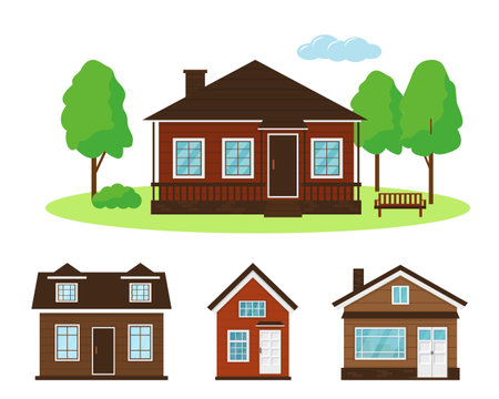 Set of wooden country houses witn trees on white background. Vector illustration.のイラスト素材