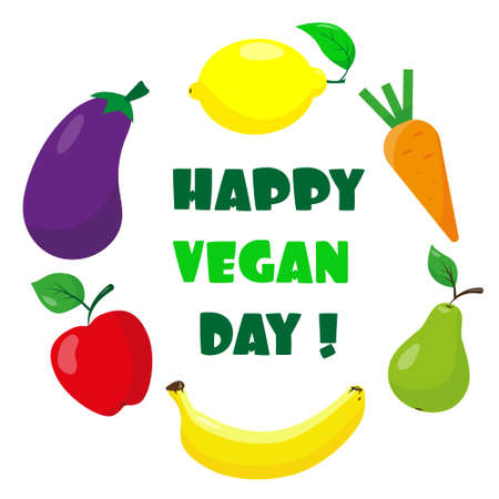 World vegan day concept. Vegetables and fruits in circle. Vector illustration.のイラスト素材