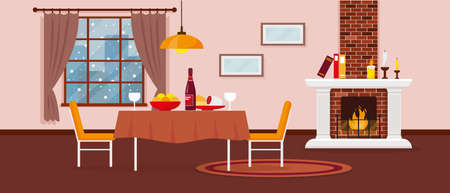 Living or dining room with fireplace, furniture, carpet and window with snow landscape. Interior design vector illustration.のイラスト素材