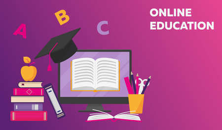 Online reading, learning or education concept. Stack of books, computer screen with open book, apple...