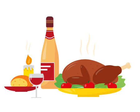 Food and vine for Thanksgiving day or Christmas diner. Vector illustration isolated on white background.のイラスト素材