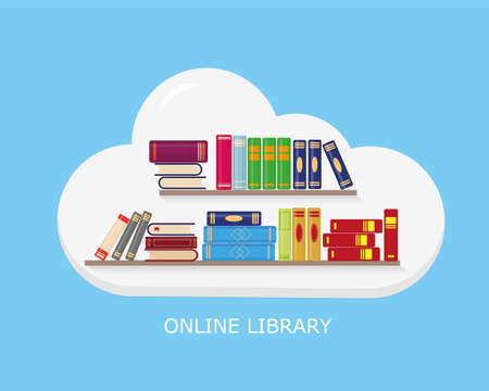 Flat vector illustration of online reading, learning or education concept. Bookshelves into the cloud on blue background.のイラスト素材
