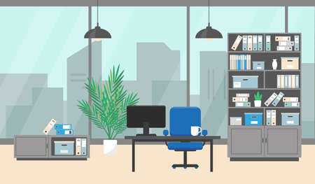 Modern office interior with window, furniture and plant on the floor. Vector illustration.のイラスト素材