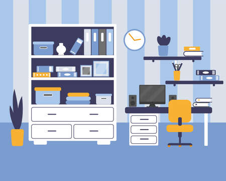 Boys room with furniture. Cozy interior in flat stile. Vector illustration.のイラスト素材