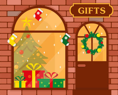 Gifts shop or Christmas store building exterior. Vector illustration.のイラスト素材