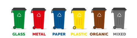 Containers for garbage of different types. Waste sorting recycling concept. Vector illustration.のイラスト素材