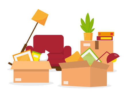 Moving to new house. Boxes with things, armchair and lamp ready to move. Vector illustration isolated on white background.のイラスト素材