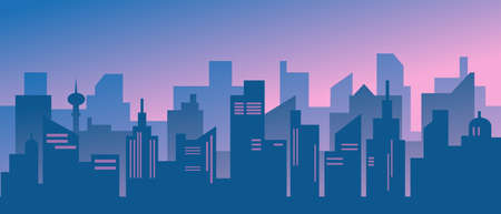 Silhouette of modern city with sunset or sunrise. Vector illustration. Vector illustration.のイラスト素材