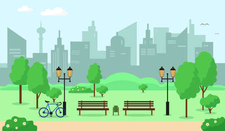 City parc with trees, bench, flowers and buildings. Spring or summer landscape background vector illustration.のイラスト素材