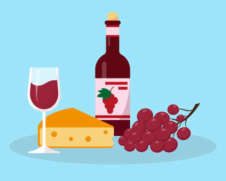 Bottle of wine, glass, grapes and cheese vector illustration. Food flat icon or concept.のイラスト素材