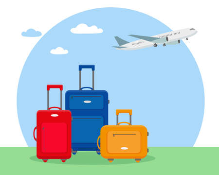 Three travel suitcases and plane in the sky. Time to travel or traveling by plane concept vector illustration.のイラスト素材