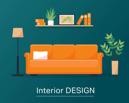 Yellow sofa, lamp, plant and bookshelf . Interior design concept or background. Vetor illustration in flat style.のイラスト素材