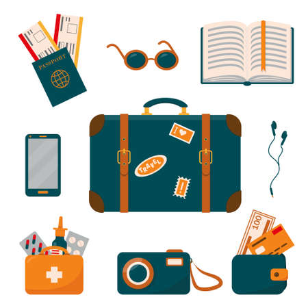 Packing for traveling. Travel equipment set. Luggage collection vector illustration in flat style.のイラスト素材