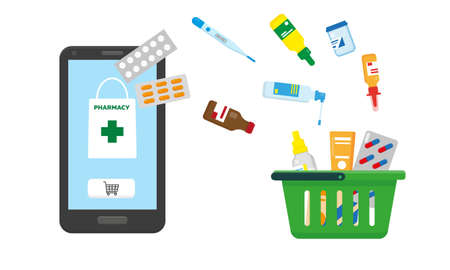 Online pharmacy concept vector illustration. Medication is flying from smartphone to shopping basket.のイラスト素材