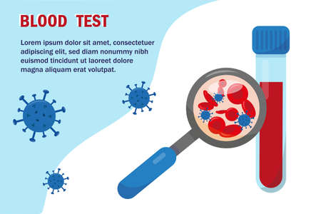 Magnifying glass and test tube with blood. Medical concept. Blood test banner. Vector illustration.のイラスト素材