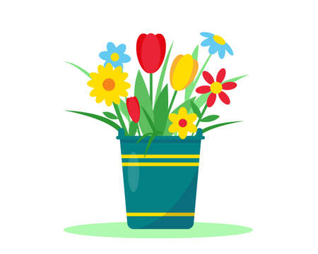 Garden bucket with flowers on white background. Spring or summer gardening icon vector illustration.のイラスト素材