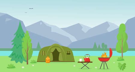 Camping tent near the lake and mountains. Summer or spring landscape. Time to travel concept. Vector background illustration.のイラスト素材