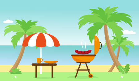 Barbecue and table near palms and beach. Time to summer barbecue or camping concept vector illustration.のイラスト素材