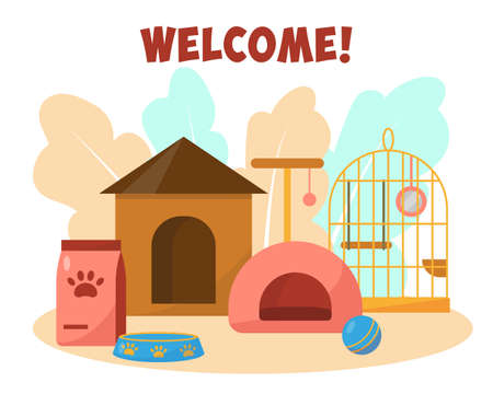 Pet shop or hotel concept. Pets care services vector illustration.のイラスト素材