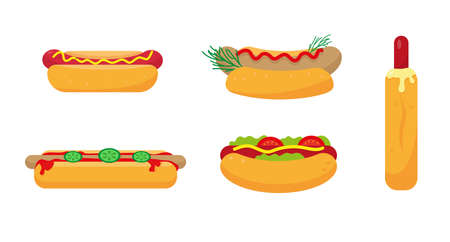 Set of hotdogs icons on white backround. Classic, french and munich sausages with ketchup, mustard and vegetables. Vector illustration.のイラスト素材