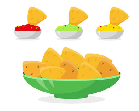 Mexican food vector illustration. Nachos in plate and different sauces for it. Tomato salsa, guacamole and cheese sauce with nachos chips on white background.のイラスト素材