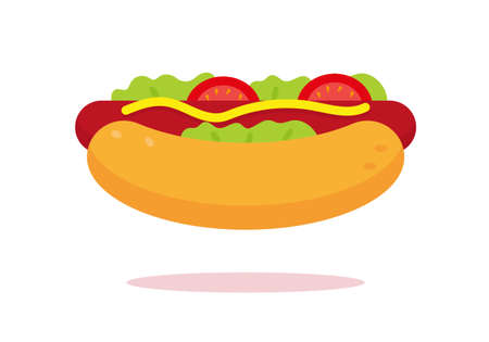 Hotdog with classic sausage, tomatos, salad and mustard. Flat icon vector illustration.のイラスト素材