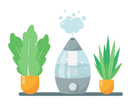 Humidifier and plants vector illustration. Equipment for home or office.のイラスト素材