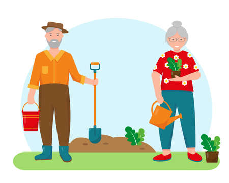 Old woman and old man with plants and gardening tools in the garden. Gardening concept design. Spring or summer banner or background vector illustration.のイラスト素材