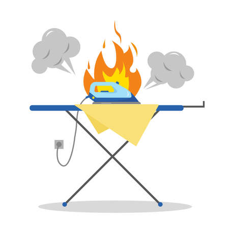 Dengerous situation with iron. Fire and brocken iron on an ironing board. Flat vector illustration. Household concept design.のイラスト素材
