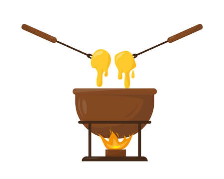 Cheese fondue in ceramic bowl with fire. Vector illustration on white background.のイラスト素材